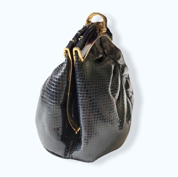 60s- 70s Finesse La Model Snakeskin Navy Blue Clutch Shoulder Bag Gold Hardware - Picture 5 of 15